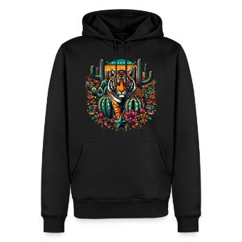 TIGRE DANS UN DÉSERT COLORÉ AVEC DES CACTUS ET DES ÉTOILES - Sweat à capuche Premium bio Homme - noir - Devant - Nico (187cm)