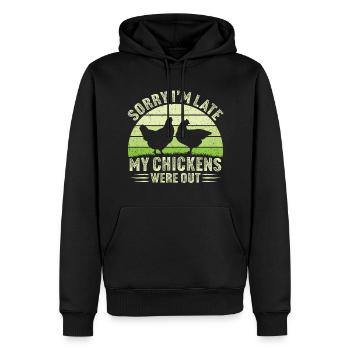 Désolé, je suis en retard, mes poulets étaient sortis poulet - Sweat à capuche Premium bio Homme - noir - Devant - Nico (187cm)