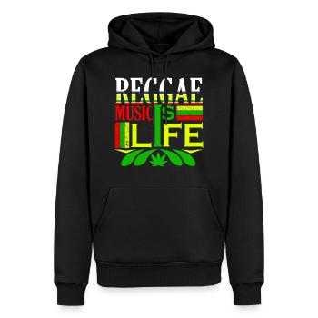 REGGAE MUSIK IS LIFE, MARLEY, RASTA, RASTAFARI - Männer Premium Bio Hoodie - Schwarz - Vorne - Nico (187cm)