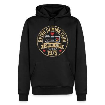 Avril 1975 Anniversaire avril 1975 Rétro - Sweat à capuche Premium bio Homme - noir - Devant - Nico (187cm)