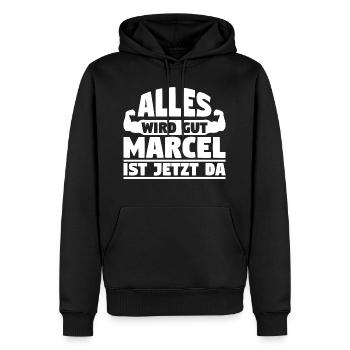 Alles wird gut Marcel ist jetzt da - Männer Premium Bio Hoodie - Schwarz - Vorne - Nico (187cm)
