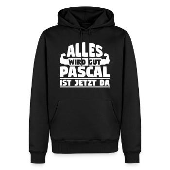Alles wird gut Pascal ist jetzt da - Männer Premium Bio Hoodie - Schwarz - Vorne - Nico (187cm)
