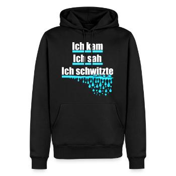 Ich kam, sah und schwitzte, Hitze, Schweiß, heiß - Männer Premium Bio Hoodie - Schwarz - Vorne - Nico (187cm)