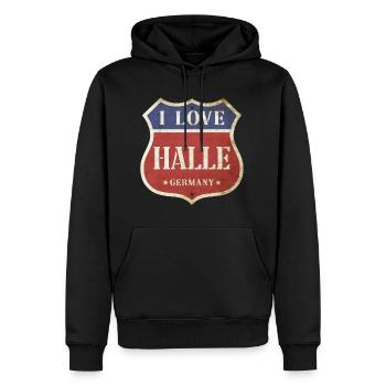 Halle Allemagne Ville J’aime Vintage Rétro - Sweat à capuche Premium bio Homme - noir - Devant - Nico (187cm)