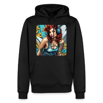 Fille cool avec des cheveux roux, des tatouages et des écouteurs - Sweat à capuche Premium bio Homme - noir - Devant - Nico (187cm)