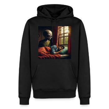 Un extraterrestre surveille un homme endormi - Sweat à capuche Premium bio Homme - noir - Devant - Nico (187cm)