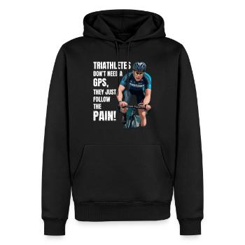 Schwimmen, Radfahren, Laufen, Triathlon, Triathlet, Leichtathletik - Männer Premium Bio Hoodie - Schwarz - Vorne - Nico (187cm)