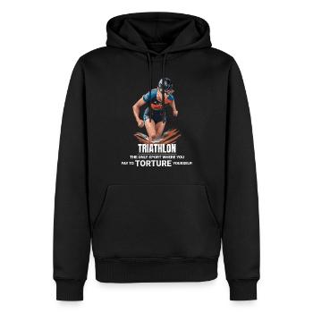 Schwimmen, Radfahren, Laufen, Triathlon, Triathlet, Leichtathletik - Männer Premium Bio Hoodie - Schwarz - Vorne - Nico (187cm)