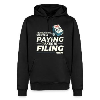 Humour éprouvant : payer et déclarer drôle - Sweat à capuche Premium bio Homme - noir - Devant - Nico (187cm)
