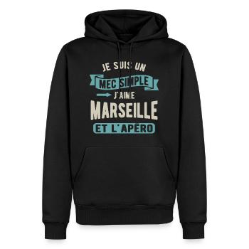 Un mec simple, marseille et apéro - Sweat à capuche Premium bio Homme - noir - Devant - Nico (187cm)