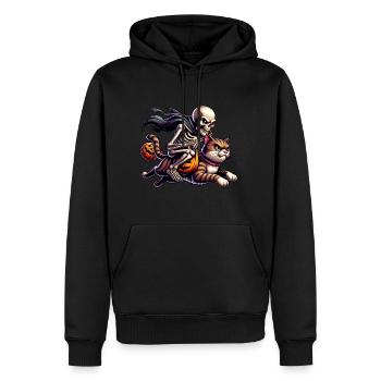 Skelett reitet auf Katze Halloween - Männer Premium Bio Hoodie - Schwarz - Vorne - Nico (187cm)