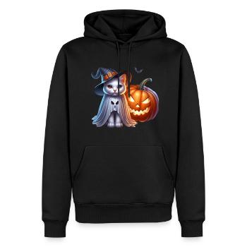 Chat avec chapeau de sorcière citrouille Halloween - Sweat à capuche Premium bio Homme - noir - Devant - Nico (187cm)