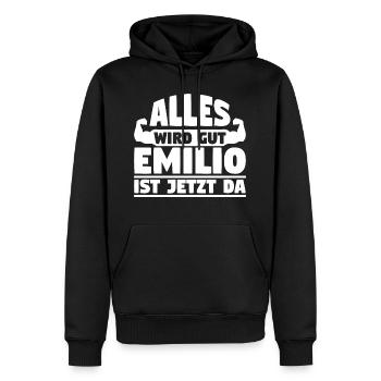 Alles wird gut Emilio ist jetzt da - Männer Premium Bio Hoodie - Schwarz - Vorne - Nico (187cm)