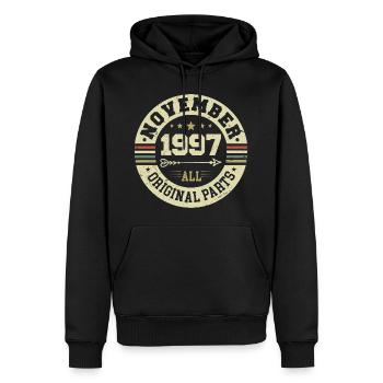 Millésime Novembre 1997 - Anniversaire Novembre 1997 - Sweat à capuche Premium bio Homme - noir - Devant - Nico (187cm)