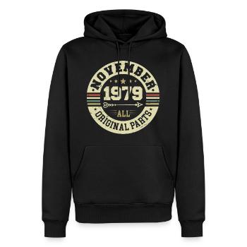 Millésime Novembre 1979 - Anniversaire Novembre 1979 - Sweat à capuche Premium bio Homme - noir - Devant - Nico (187cm)