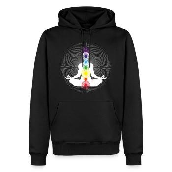 yoga chakra blanc om énergie zen arc en ciel - Sweat à capuche Premium bio Homme - noir - Devant - Nico (187cm)