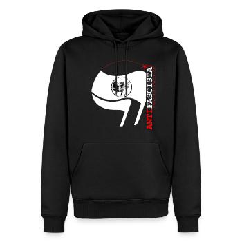 Lettrage vertical et drapeau Antifascista (blanc) - Sweat à capuche Premium bio Homme - noir - Devant - Nico (187cm)