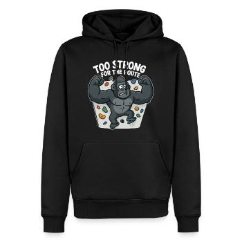 Bouldern Shirt lustig – Gorilla „Too Strong“ - Männer Premium Bio Hoodie - Schwarz - Vorne - Nico (187cm)