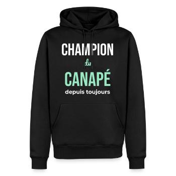 Canapé Champion — Flemme Assumée - Sweat à capuche Premium bio Homme - noir - Devant - Nico (187cm)