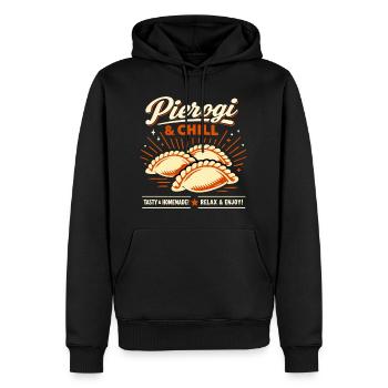 Pierogi & Chill: Retro Teigtaschen Vintage Design - Männer Premium Bio Hoodie - Schwarz - Vorne - Nico (187cm)