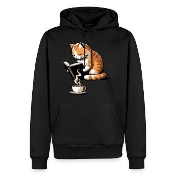 Reading Cat With Coffee celebrating slow mornings - Men’s Premium Organic Hoodie - black - Front - Nico (187cm)