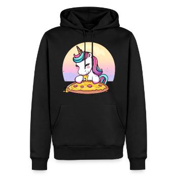 Licorne mangeant une pizza au coucher du soleil - Sweat à capuche Premium bio Homme - noir - Devant - Nico (187cm)