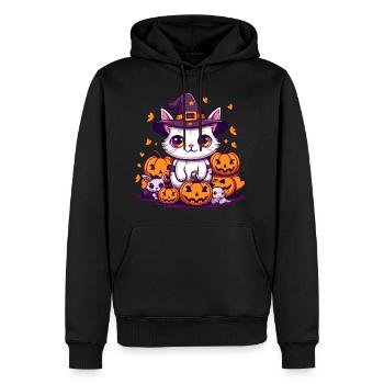 Mignon chat d’Halloween et citrouilles - Sweat à capuche Premium bio Homme - noir - Devant - Nico (187cm)