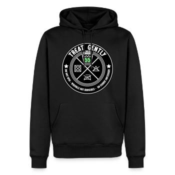 Schonend behandeln Unikat ist 55 | Farben änderbar - Männer Premium Bio Hoodie - Schwarz - Vorne - Nico (187cm)