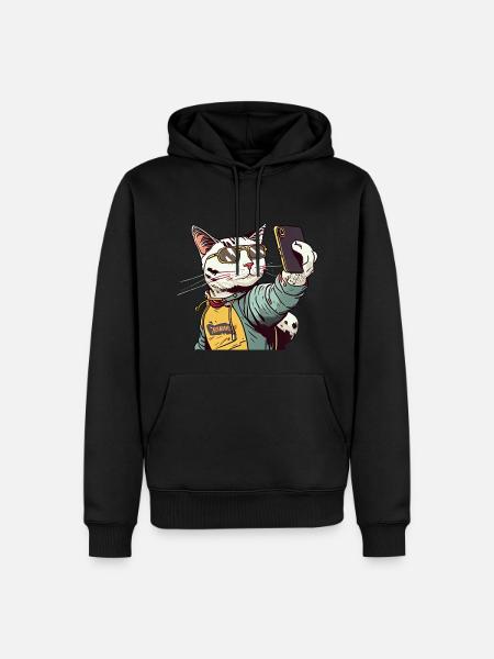 Comic Katze Selfie - Männer Premium Bio Hoodie - Schwarz