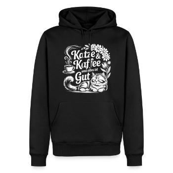 Le chat et le café – Tout va bien - Sweat à capuche Premium bio Homme - noir - Devant - Nico (187cm)