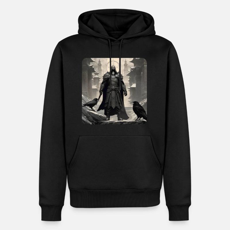 Stolzer düsterer Ritter mit Raben - Männer Premium Bio Hoodie - Schwarz