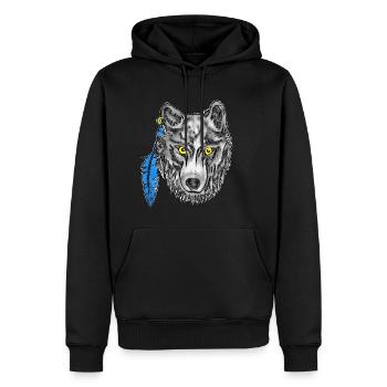 Grauer Wolf mit gelben Augen und Ohrring - Männer Premium Bio Hoodie - Schwarz - Vorne - Nico (187cm)