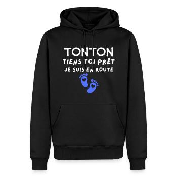 Annonce Grossesse Cadeau Tonton Bébé Arrive - Sweat à capuche Premium bio Homme - noir - Devant - Nico (187cm)