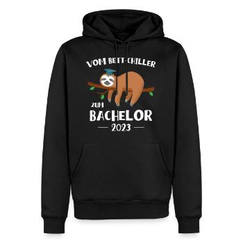 Vom Bettchiller zum Bachelor Faultier 2023 - Männer Premium Bio Hoodie - Schwarz - Vorne - Nico (187cm)