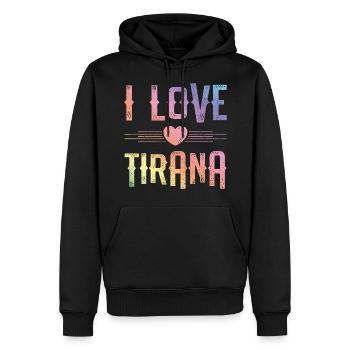 J’adore Tirana - Sweat à capuche Premium bio Homme - noir - Devant - Nico (187cm)