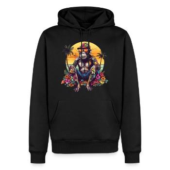 Schimpanse mit Sonnenbrille am Strand mit Palmen - Männer Premium Bio Hoodie - Schwarz - Vorne - Nico (187cm)
