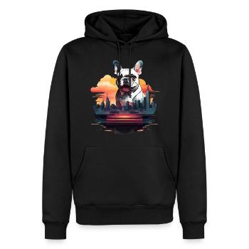 SILHOUETTE DE BOULEDOGUE FRANÇAIS AVEC UN COUCHER DE SOLEIL DE VILLE - Sweat à capuche Premium bio Homme - noir - Devant - Nico (187cm)