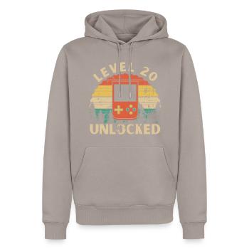 Level 20 freigeschaltet - Männer Premium Bio Hoodie - Taupe - Vorne - Nico (187cm)