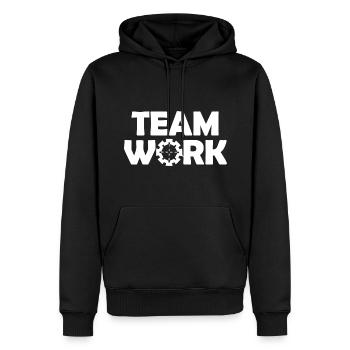 Le travail des groupes - Sweat à capuche Premium bio Homme - noir - Devant - Nico (187cm)