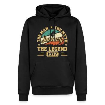 Die Legenden wurden im Januar 1977 geboren - Männer Premium Bio Hoodie - Schwarz - Vorne - Nico (187cm)