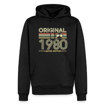 1980 - Sweat à capuche Premium bio Homme - noir - Devant - Nico (187cm)