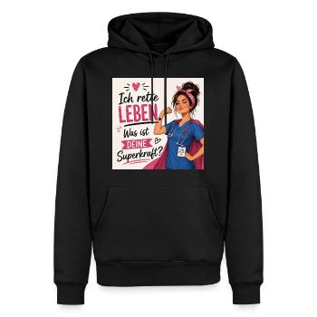 Ich rette Leben. Was ist deine Superkraft? - Männer Premium Bio Hoodie - Schwarz - Vorne - Nico (187cm)