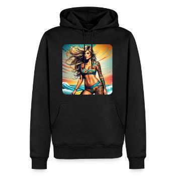 Jolie surfeuse fille sur la plage avec coucher de soleil - Sweat à capuche Premium bio Homme - noir - Devant - Nico (187cm)