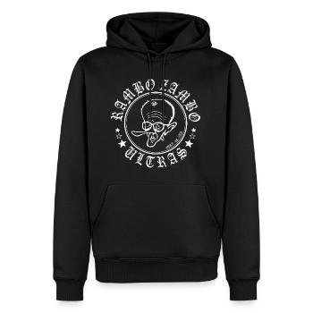 "RAMBO-ZAMBO-ULTRAS" - Kanzler-Merz-Karikatur - Männer Premium Bio Hoodie - Schwarz - Vorne - Nico (187cm)
