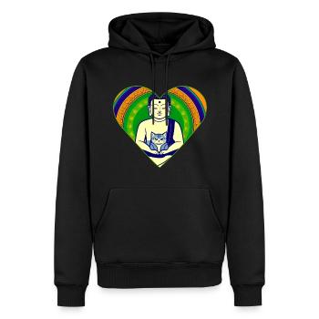 Buddha with cat in colorful heart shape - Men’s Premium Organic Hoodie - black - Front - Nico (187cm)
