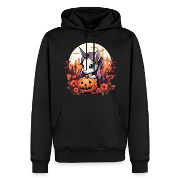 Halloween unicorn with pumpkin in autumn - Men’s Premium Organic Hoodie - black - Front - Nico (187cm)