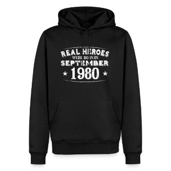 Real Heroes were born in September 1980 Geburtstag - Männer Premium Bio Hoodie - Schwarz - Vorne - Nico (187cm)