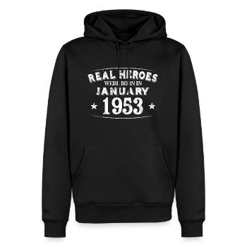 Real Heroes sont nés en Janvier 1953 Anniversaire - Sweat à capuche Premium bio Homme - noir - Devant - Nico (187cm)