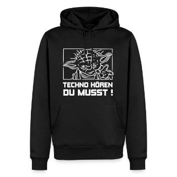TECHNO HÖREN DU MUSST ! + - Männer Premium Bio Hoodie - Schwarz - Vorne - Nico (187cm)