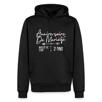 Anniversaire de mariage 2 ans - Noces de Cuir 2ans - Sweat à capuche Premium bio Homme - noir - Devant - Nico (187cm)